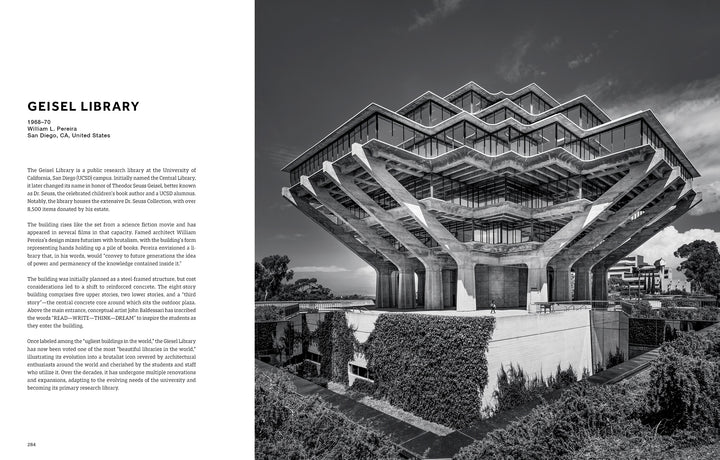 A showcase of 20th-century design, Architreasures by Schiffer Publishing, Ltd. features the iconic Geisel Library at UC San Diego—an angular concrete-and-glass structure with cantilevered floors rising above treetops.