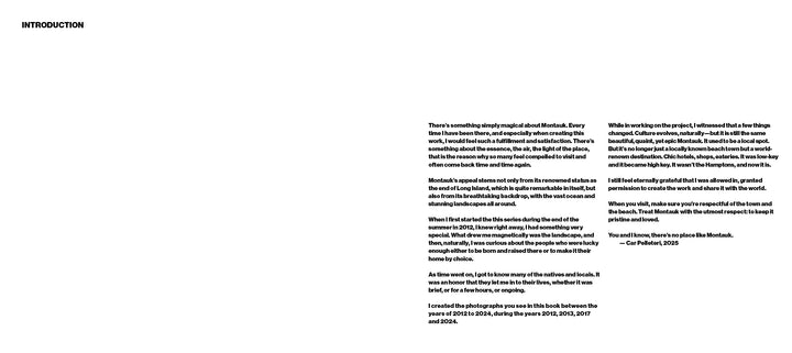 A two-page book spread with "INTRODUCTION" at the top left. The right page features text introducing Car Pelleteri’s Montauk 11954, 2nd Edition from Schiffer Publishing, Ltd., outlining its themes and surrounded by white space.