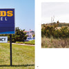A blue and yellow Sands Motel sign stands on grass in Montauk 11954, with a No Vacancy sign below. Next to it is an image from Schiffer Publishing's "Montauk 11954, 2nd Edition," showing grassy dunes under an overcast sky.