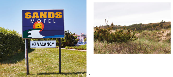A blue and yellow Sands Motel sign stands on grass in Montauk 11954, with a No Vacancy sign below. Next to it is an image from Schiffer Publishing's "Montauk 11954, 2nd Edition," showing grassy dunes under an overcast sky.