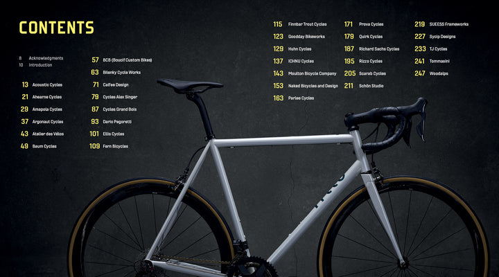On the right, a sleek white road bike is shown, while to the left under a yellow CONTENTS heading, a list of handcrafted bicycle builders and page numbers appears on a dark background—an ideal coffee-table book by Schiffer Publishing, Ltd.: Handcrafted Bicycles.