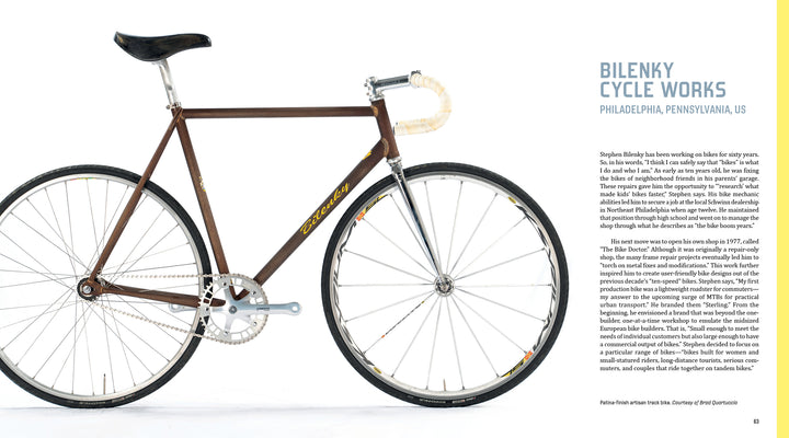 A brown Handcrafted Bicycles bike by Schiffer Publishing, Ltd. is shown sideways on a white background, with yellow handlebar tape and silver parts. Text about Philadelphia craftsmanship appears on the right.