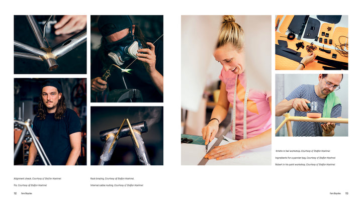 A collage of six photos from Schiffer Publishing, Ltd.'s Handcrafted Bicycles shows builders welding, using tools, measuring fabric, and assembling unique bikes at their workstations.