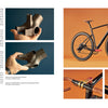 A collage highlights close-ups of handcrafted bicycle frames and a black road bike with brown handlebars, set on orange—ideal for "Handcrafted Bicycles" by Schiffer Publishing, Ltd., a coffee-table book honoring bicycle builders' artistry.