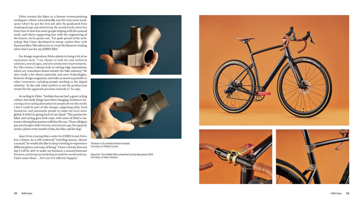 A collage highlights close-ups of handcrafted bicycle frames and a black road bike with brown handlebars, set on orange—ideal for "Handcrafted Bicycles" by Schiffer Publishing, Ltd., a coffee-table book honoring bicycle builders' artistry.