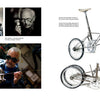 A collage for Schiffer Publishing, Ltd.’s Handcrafted Bicycles: two people crafting metal parts, an older man inspecting a component, and two shots of the handcrafted bicycle—upright and folded—against a white background.