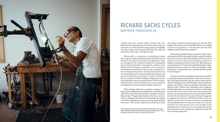 A man in glasses and a white shirt works on a bike frame in a workshop filled with tools and shelves, embodying the spirit of bicycle building. On the right is text about Handcrafted Bicycles from Schiffer Publishing, Ltd.