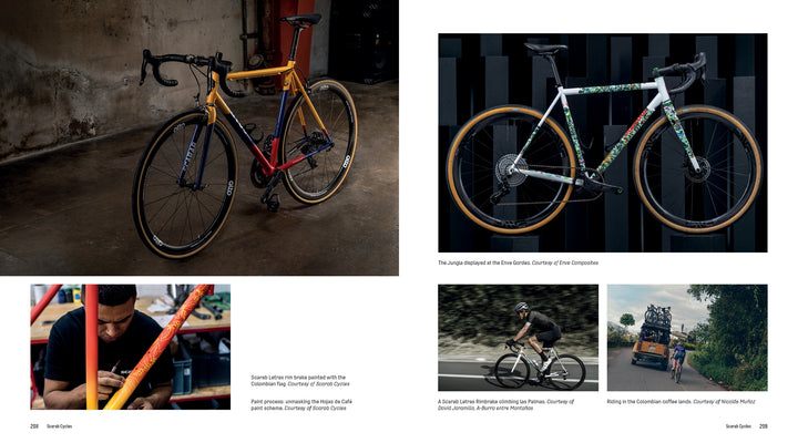 A two-page spread from "Handcrafted Bicycles" by Schiffer Publishing, Ltd. shows artisan bikes: left page—a gold and red model with a craftsman painting; right—a green bike, a cyclist riding, and a car carrying bikes—ideal for coffee tables.