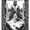 The Magician card from Lieselle's Eternal Tarot (Schiffer Publishing, Ltd.) features a horned figure in robes, ornate vine borders, and floating symbols: sword, wand, cup, and pentacle above a black and white nature scene.