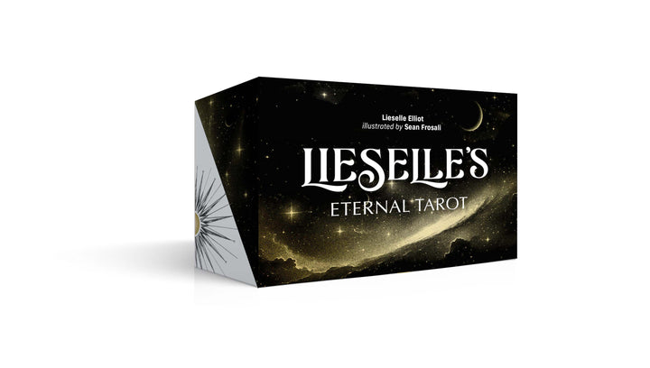 A black and gold box with celestial designs displays “Lieselle’s Eternal Tarot” by Schiffer Publishing, Ltd., featuring a sunburst side pattern that invites self-discovery.