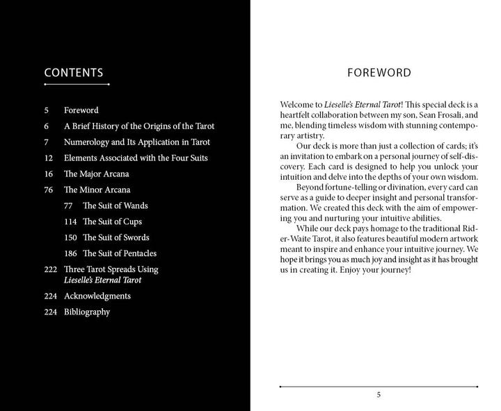 A two-page spread from Lieselle's Eternal Tarot by Schiffer Publishing, Ltd.: the left page shows the table of contents—tarot history, card meanings, spreads; the right page features a foreword by Lieselle Elliot introducing the deck and its purpose.