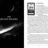 An open book from Lieselle's Eternal Tarot by Schiffer Publishing, Ltd. displays The Major Arcana chapter, featuring The Fool (card 0) with a bag and staff illustration and symbol explanations.