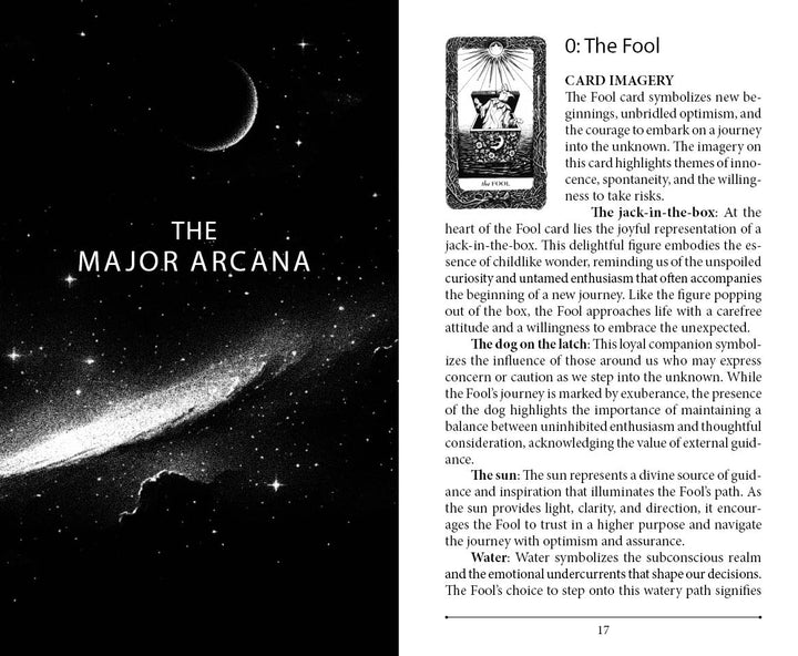 An open book from Lieselle's Eternal Tarot by Schiffer Publishing, Ltd. displays The Major Arcana chapter, featuring The Fool (card 0) with a bag and staff illustration and symbol explanations.