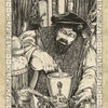 An illustration shows a bearded alchemist in glasses at a cluttered table, stirring a mortar. Mystical runes frame the scene with red banners: “Red Alchemist” and “The John Dee Oracle” by Schiffer Publishing, Ltd.