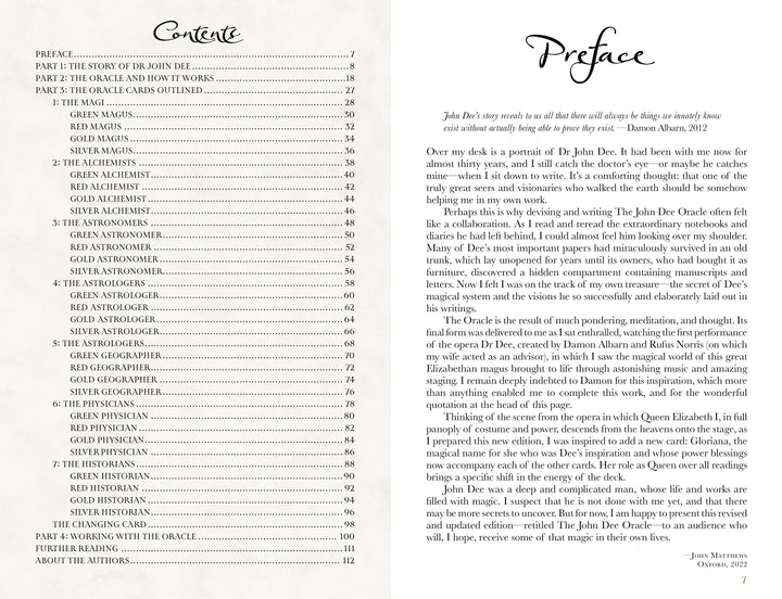 Two book pages from Schiffer Publishing, Ltd.'s "The John Dee Oracle": the left lists the table of contents with sections and pages; the right shows a preface, headed by a short quote from Dorian Allman inspired by John Dee's wisdom.