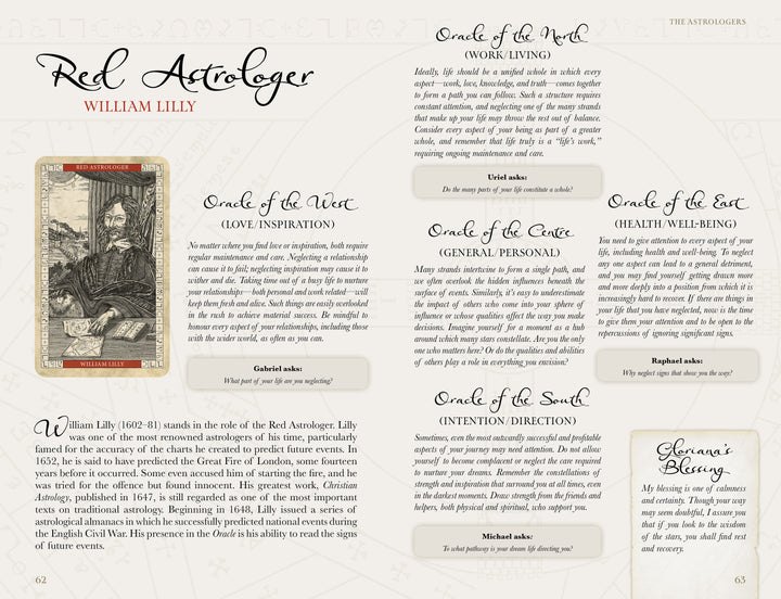 A vintage-style page titled Red Astrologer: William Lilly features his portrait, detailed oracles for love, work, health, guidance, a segment on Germains Bellring, and The John Dee Oracle by Schiffer Publishing, Ltd.