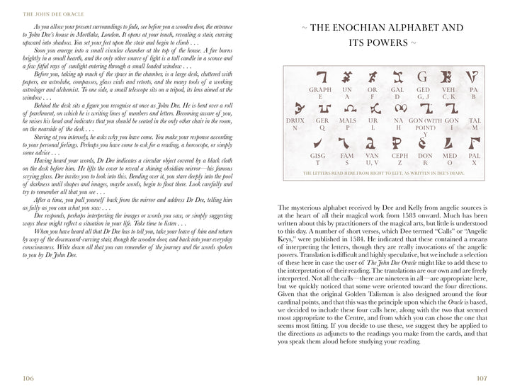 A page from The John Dee Oracle by Schiffer Publishing, Ltd. shows the Enochian alphabet with letter names and explanations—an essential guide for oracle card readers or anyone exploring the mystical legacy of Dr. John Dee.