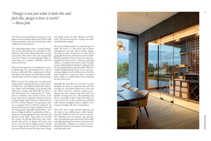 A modern office inspired by Penny Drue Baird features PowerHouse by Schiffer Publishing, Ltd., glass-enclosed wine storage, wooden shelves for bottles, a long desk with chairs, and a large window framing scenic mountain and tree views.