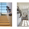 Left: Modern staircase with illuminated steps and sculptural wall art, from residential projects by Penny Drue Baird. Right: Sunlit hallway with art, mirror, and flowers—featured in PowerHouse by Schiffer Publishing, Ltd.