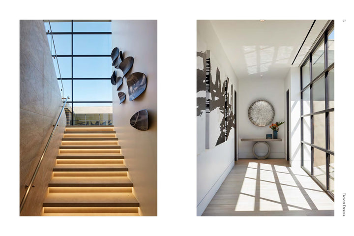 Left: Modern staircase with illuminated steps and sculptural wall art, from residential projects by Penny Drue Baird. Right: Sunlit hallway with art, mirror, and flowers—featured in PowerHouse by Schiffer Publishing, Ltd.