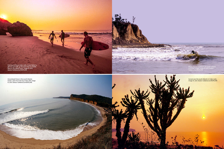 A collage from "surfEXPLORE" by Schiffer Publishing, Ltd.: surfers at sunset, a rider by cliffs, an aerial curved beach, and sunset behind cacti—highlighting iconic surfing spots curated by travel experts.