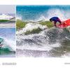 Three images highlight prime surfing spots: a wave at top left, a surfer in a barrel at bottom left, and the surfEXPLORE travel expert from Schiffer Publishing, Ltd. soaring above the waves at right.