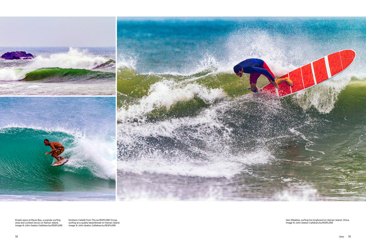 Three images highlight prime surfing spots: a wave at top left, a surfer in a barrel at bottom left, and the surfEXPLORE travel expert from Schiffer Publishing, Ltd. soaring above the waves at right.