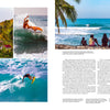 A magazine spread for surfEXPLORE by Schiffer Publishing, Ltd. shows surfers on turquoise waves, a kite surfer mid-jump, a palm-lined coastal village, and a group exploring new surf spots. Text blocks fill the right page.