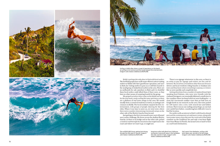 A magazine spread for surfEXPLORE by Schiffer Publishing, Ltd. shows surfers on turquoise waves, a kite surfer mid-jump, a palm-lined coastal village, and a group exploring new surf spots. Text blocks fill the right page.