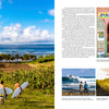 Four surfers with boards cross grassy terrain toward the waves, seeking new surf spots as palm trees sway nearby. The adjacent page in surfEXPLORE by Schiffer Publishing, Ltd. features a surf travel expert’s tips and vivid local images.