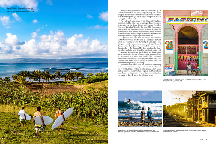 Four surfers with boards cross grassy terrain toward the waves, seeking new surf spots as palm trees sway nearby. The adjacent page in surfEXPLORE by Schiffer Publishing, Ltd. features a surf travel expert’s tips and vivid local images.