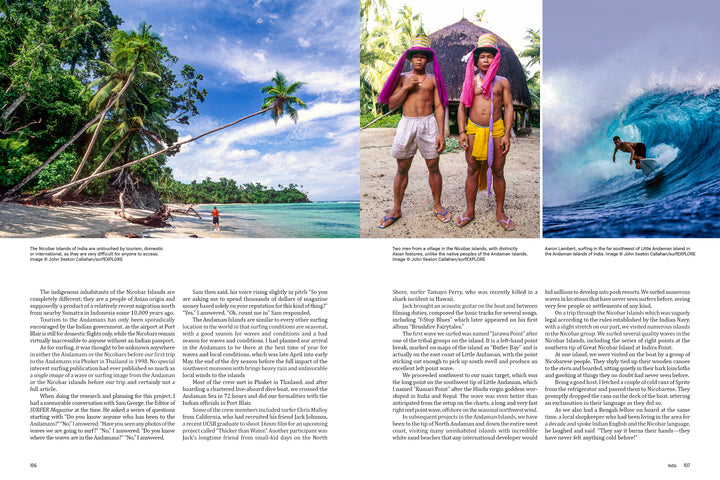 A magazine spread for Schiffer Publishing, Ltd.’s surfEXPLORE shows three images: a tropical beach with palm trees, two men in traditional dress with spears and pink fabric, and a surfer riding a big wave at an uncharted spot. Text fills the columns.