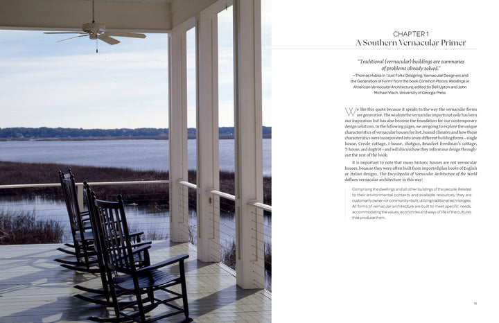 Four black rocking chairs line a green-tiled porch with white columns—a serene scene from Contemporary Southern Vernacular by Schiffer Publishing, Ltd., featuring sustainable design and peaceful marsh views. Text is displayed on the right half.