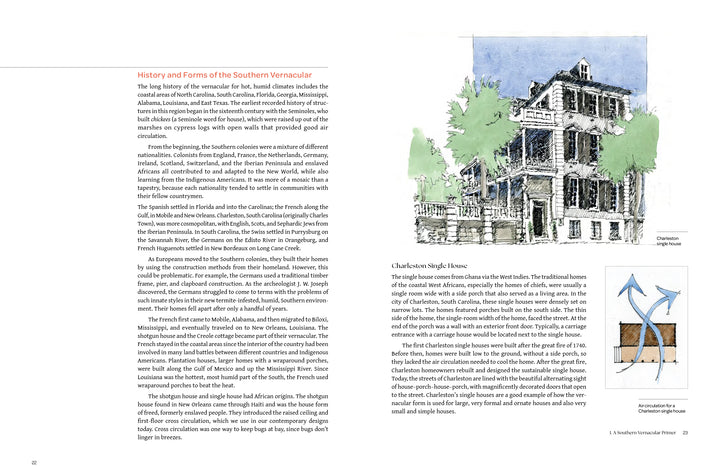 A spread from "Contemporary Southern Vernacular" by Schiffer Publishing, Ltd. showcases text on Southern architecture, a watercolor of a historic house with trees, a roof style diagram, and a clean layout with wide margins and captions.