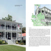 On the left is a two-story white house, while the right features an ink and watercolor sketch plus a floor plan diagram—all from Schiffer Publishing, Ltd.'s "Contemporary Southern Vernacular.