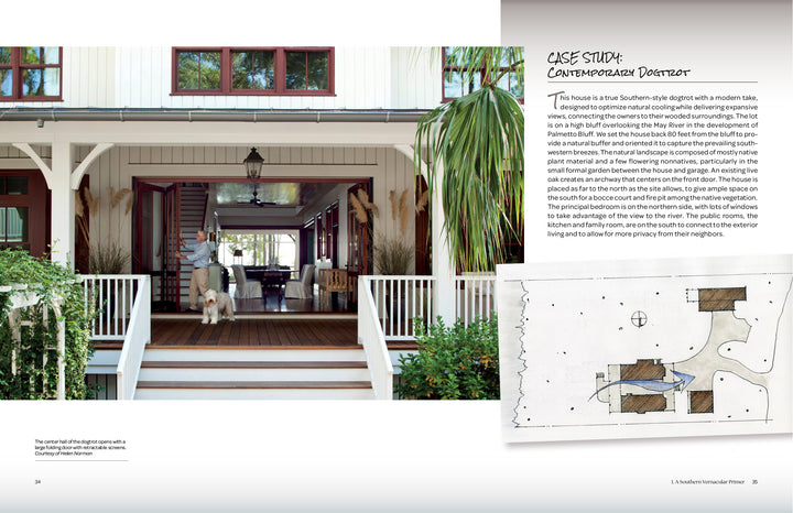 A person and dog welcome you at the entrance of a home with a spacious porch, showcased alongside a sketched house. Discover more in "Contemporary Southern Vernacular" from Schiffer Publishing, Ltd.