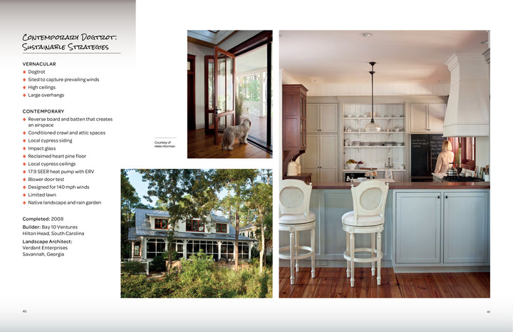 Contemporary Southern Vernacular by Schiffer Publishing, Ltd. showcases a modern kitchen with light gray cabinets and a breakfast bar, a sunroom where a dog enjoys the view, and an exterior of a two-story home with porch and trees.