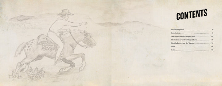 On the left, a pencil sketch of a cowboy on horseback evokes classic tattoo art. On the right, CONTENTS with five chapters is listed over a beige textured background. Product: Lotteva Wagner Davis by Schiffer Publishing, Ltd.