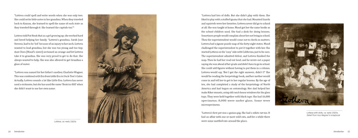 Two pages from "Lotteva Wagner Davis" by Schiffer Publishing, Ltd. show sepia photos of women, including a famed hand tattoo artist with bound hands and a group at a table, alongside text on women and early policing.