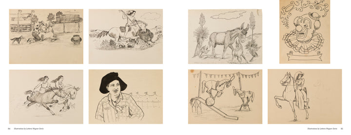 Eight sepia-toned sketches from "Lotteva Wagner Davis" by Schiffer Publishing, Ltd. feature cowgirls, horses performing tricks, and a clown’s face—ideal inspiration for tattoo artists or those seeking western-themed designs.