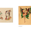 Four vintage tattoo flash sheets by Lotteva Wagner Davis, from Schiffer Publishing, Ltd., feature Indigenous figures, faces, a fairy, and winged women on aged paper with bright colors and bold outlines.
