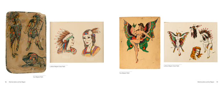 Four vintage tattoo flash sheets by Lotteva Wagner Davis, from Schiffer Publishing, Ltd., feature Indigenous figures, faces, a fairy, and winged women on aged paper with bright colors and bold outlines.