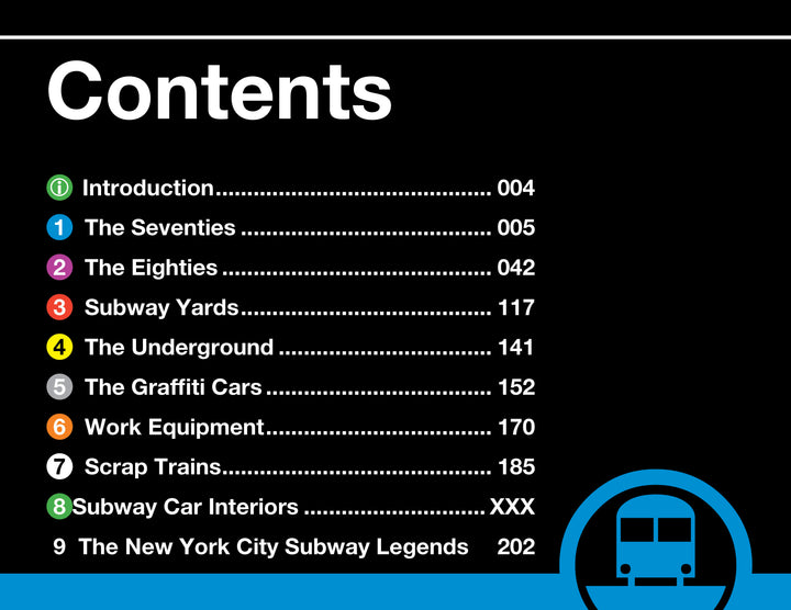 Table of contents for "New York Subways and Stations, 1970–1990" by Schiffer Publishing, Ltd., featuring colored numbered circles for each chapter on NYC subway history—like the seventies, graffiti cars, and legends—on black with a blue subway icon.