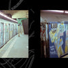Two New York subway trains with vibrant graffiti are halted at underground stations, as seen in "New York Subways and Stations, 1970–1990" from Schiffer Publishing, Ltd.; one train faces forward, the other is shown side-on beneath green pillars.