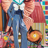 The Couture Tarot card by Schiffer Publishing, Ltd. shows a figure in a striped suit and blue fox mask with a butterfly on the chest, against vibrant abstract patterns. The bottom of the colorful collage card reads "0 FOOL.