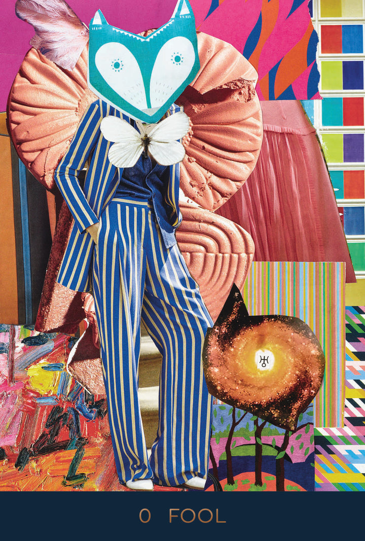 The Couture Tarot card by Schiffer Publishing, Ltd. shows a figure in a striped suit and blue fox mask with a butterfly on the chest, against vibrant abstract patterns. The bottom of the colorful collage card reads "0 FOOL.
