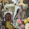 A surreal collage inspired by couture tarot cards from Schiffer Publishing, Ltd.'s Couture Tarot shows two merging female figures, classical cutouts, flowers, apples, a door, embroidered leaves, and the text “VI LOVERS” at the bottom.