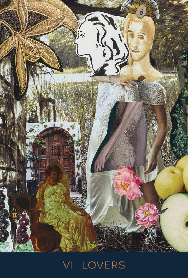 A surreal collage inspired by couture tarot cards from Schiffer Publishing, Ltd.'s Couture Tarot shows two merging female figures, classical cutouts, flowers, apples, a door, embroidered leaves, and the text “VI LOVERS” at the bottom.