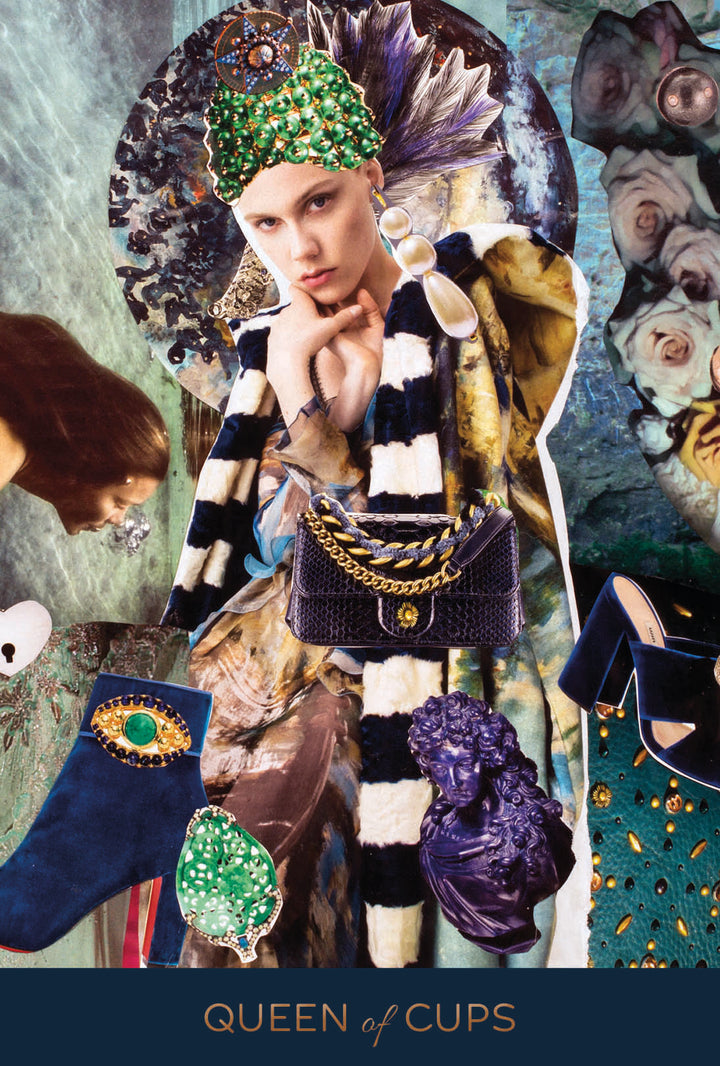 A surreal collage from Schiffer Publishing, Ltd.’s Couture Tarot depicts the Queen of Cups in a jeweled headdress, striped fur scarf, and bold earrings, surrounded by fashion tarot motifs like a black purse, gemstones, and peacock feathers.