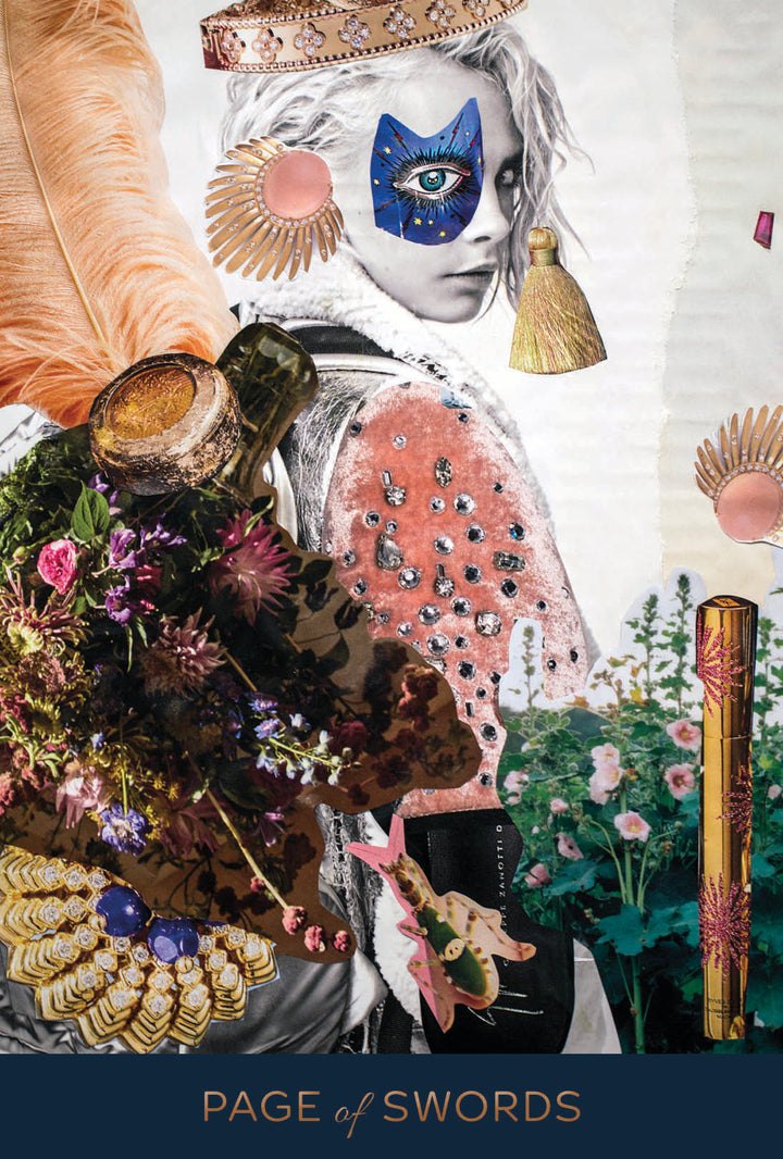 A surreal collage from Couture Tarot by Schiffer Publishing, Ltd. features a white-haired figure in a blue mask with gems, flowers, feathers, and gold, evoking couture tarot elegance. “Page of Swords” appears at the bottom from this fashion tarot deck.